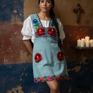 Greens Mexican Embroidered Apron – Basic Handmade Apron with Floral Design